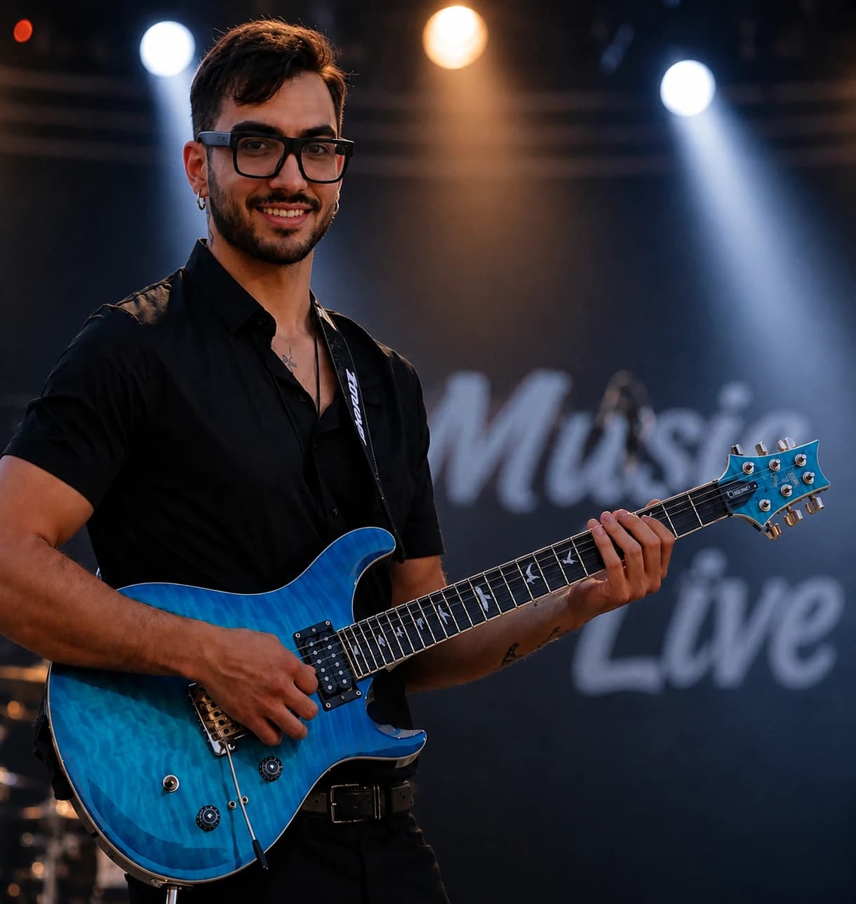 Carlo Minaudo sul palco, chitarra elettrica blu in mano, sotto le luci di scena